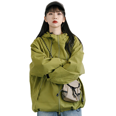 Mark Fairwhale Japanese Style Hooded Outdoor Workwear Zip-Up Large Pocket Windbreaker Jacket Unisex Loose Short Coat for Men and Women