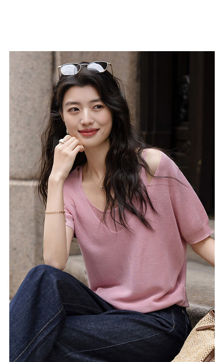 Demana [Breathable Tencel] Spring Design Fake Two-Piece Short Sleeve Sweater Gentle Slimming Women's Knitwear 14