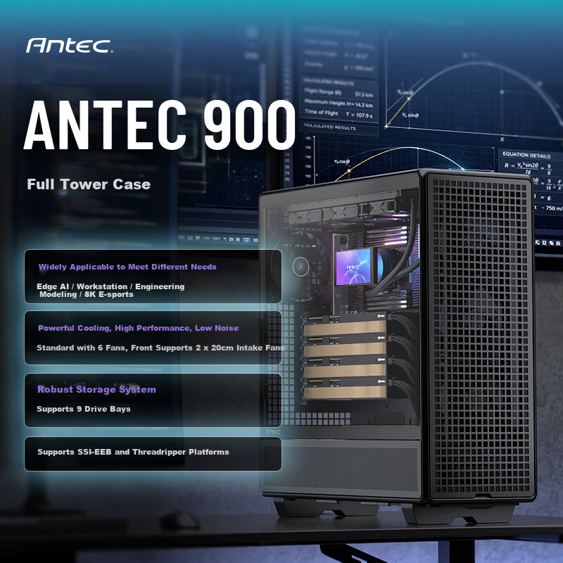 Antec Antec900 Full Tower Gaming Desktop Case with Tempered Glass Side Panel, Workstation, Multi-GPU Support, AI Computing, Compatible with Threadripper Motherboards