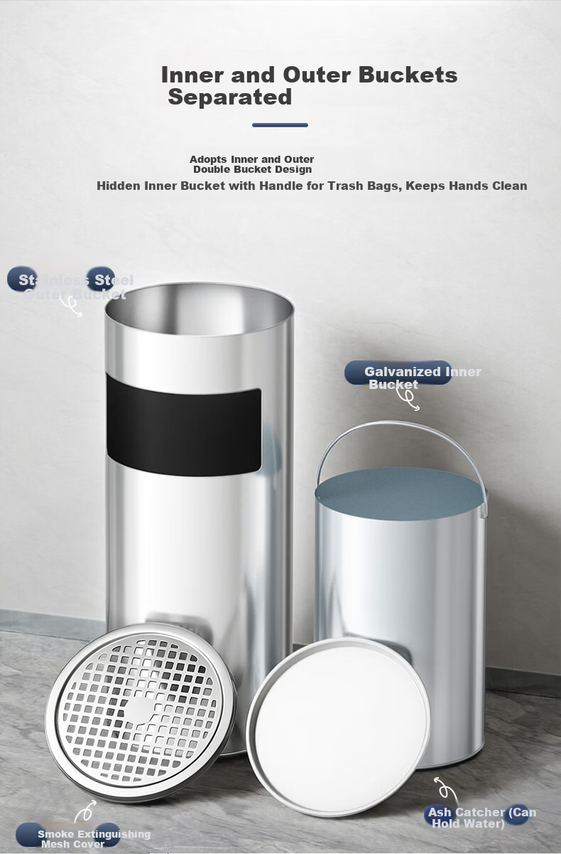 Supercloud Stainless Steel 16L Ashtray Trash Can Commercial Vertical Smoking Extinguishing Garbage Bin with Ashtray for Hotel Lobby 3
