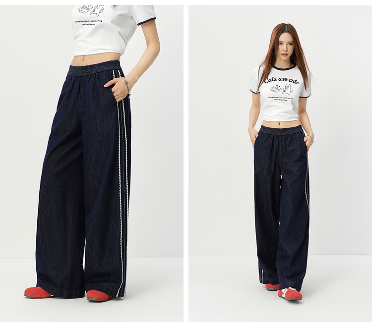 Semir Women's Summer Denim Jeans Lace Trim Wide Leg Loose Fit 2026 Lazy Floor-Length Pants 109326124008 3