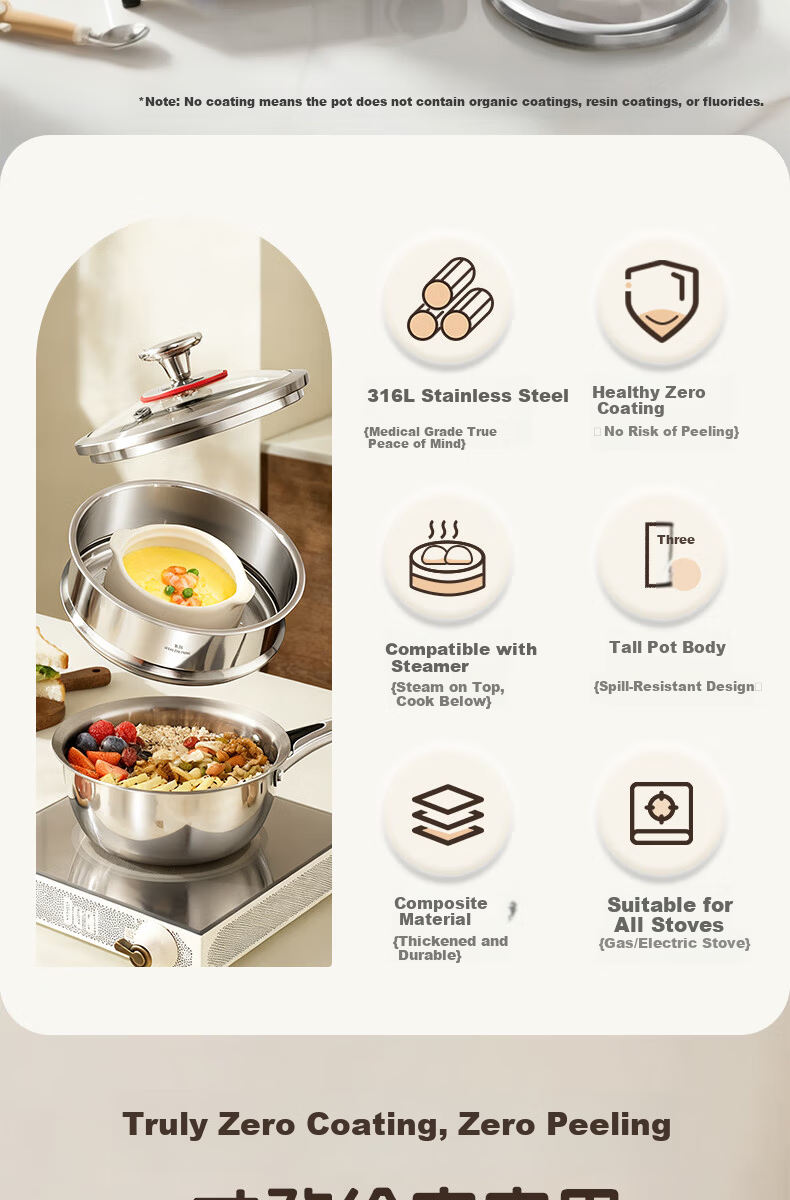 KBH 18cm 316L Stainless Steel Baby Milk Pot with Steamer Basket, Multi-functional Infant Cooking Pan for Boiling and Frying 2