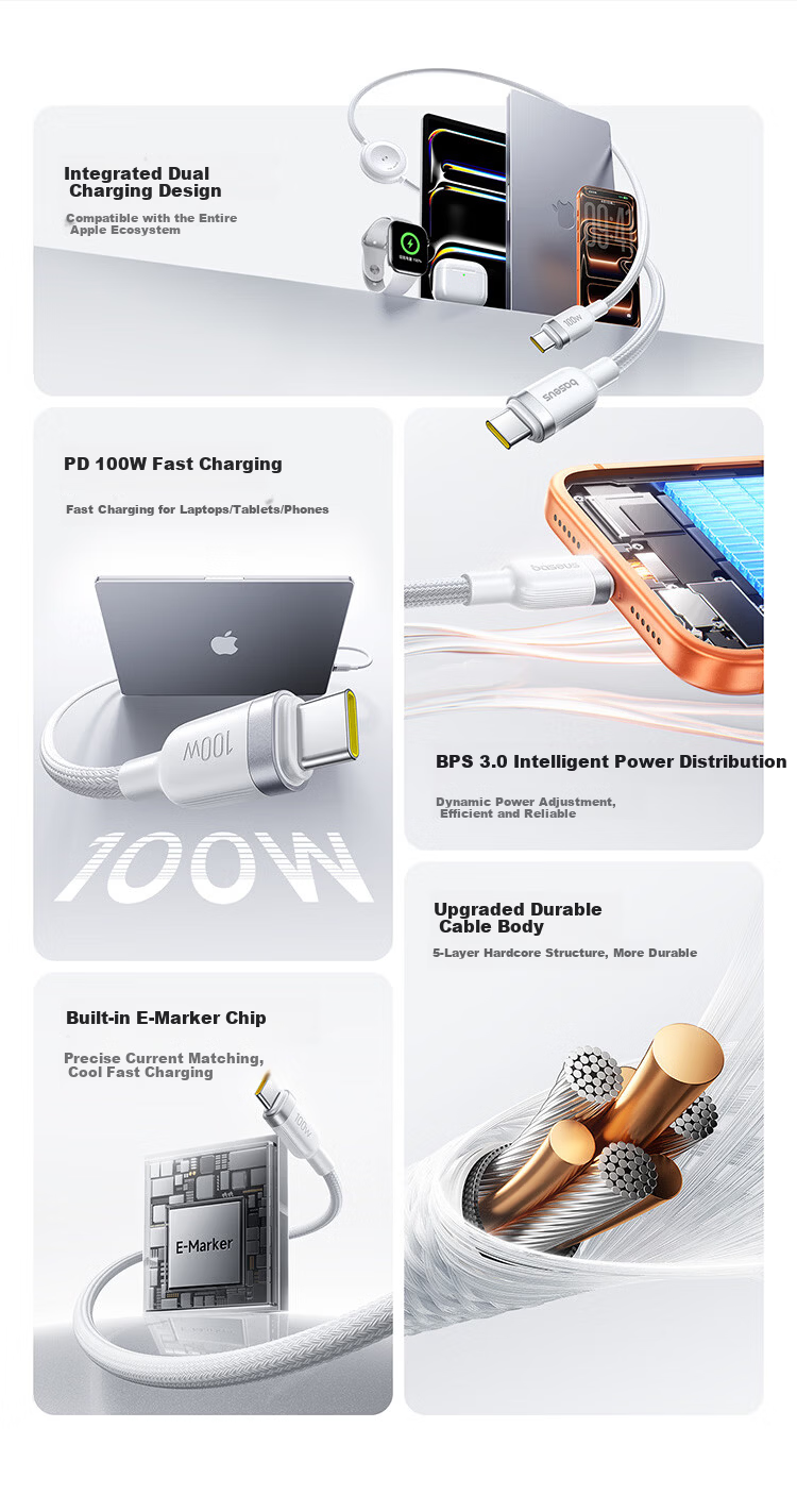 Baseus Apple Watch Charger PD 60W 2-in-1 Data Cable Watch Charging Cable Compatible with iPhone 17/16/15 and Watch S11/10/9/8/SE/Ultra 3 2