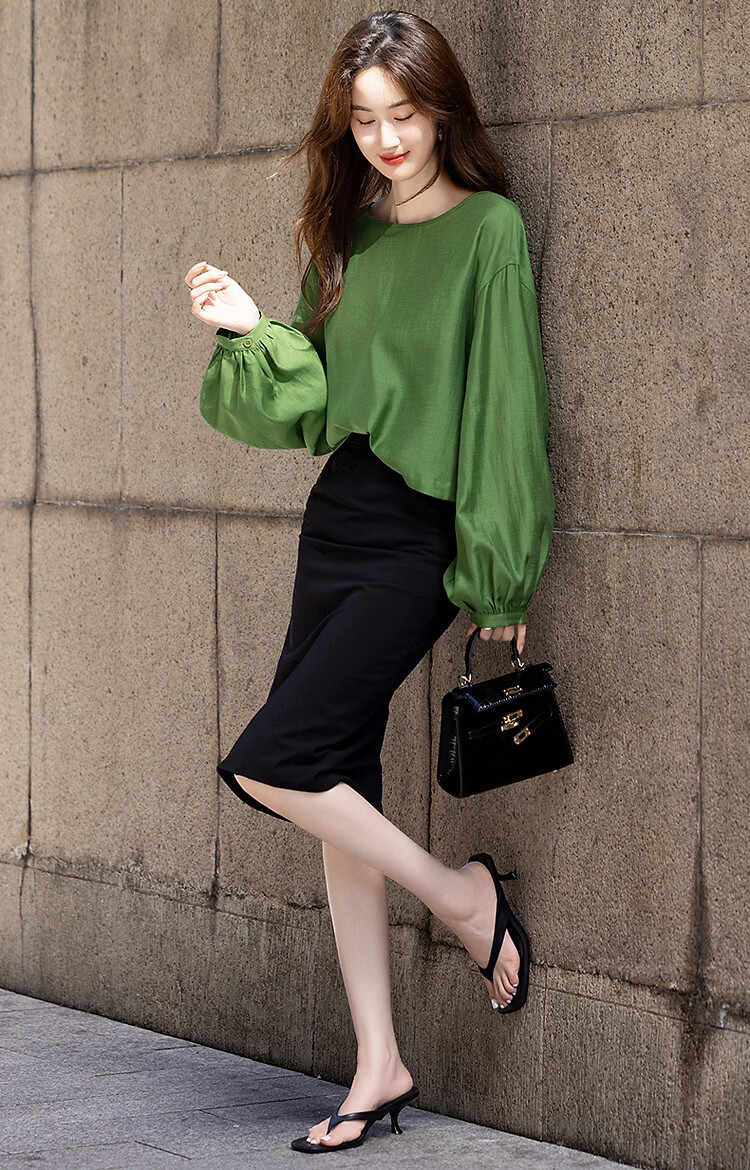 Demana [Shu Yang Pai] Spring and Autumn Acetate Linen Lyocell Blend Lantern Sleeve Straight Loose Shirt for Women 21