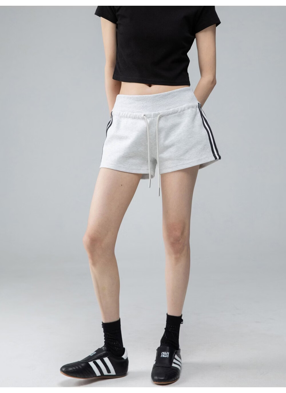 ICH MODE American Style Striped High Waist Shorts Women Summer Slim Straight Sports Sweatpants Casual Pants White Flower Gray L 13