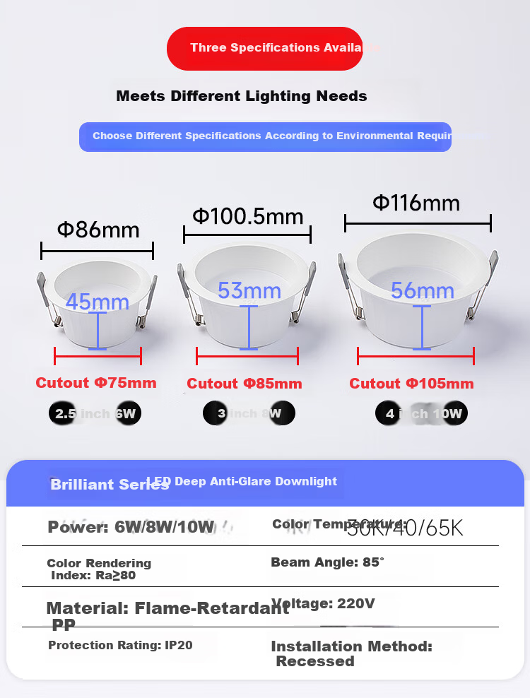 FSL Foshan Lighting LED Deep Anti-Glare Recessed Downlight Non-Main Light Home Living Room Ceiling Hole Light 6W Warm White Opening Size φ75mm 4