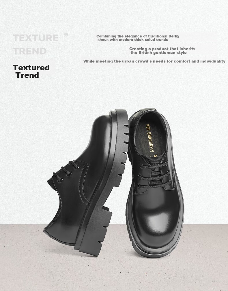 Red Dragonfly Big Head Leather Shoes New Round Toe Black Work Shoes Commuter Thick Sole Height Increasing Leather Shoes WTA35004 Black 39 2