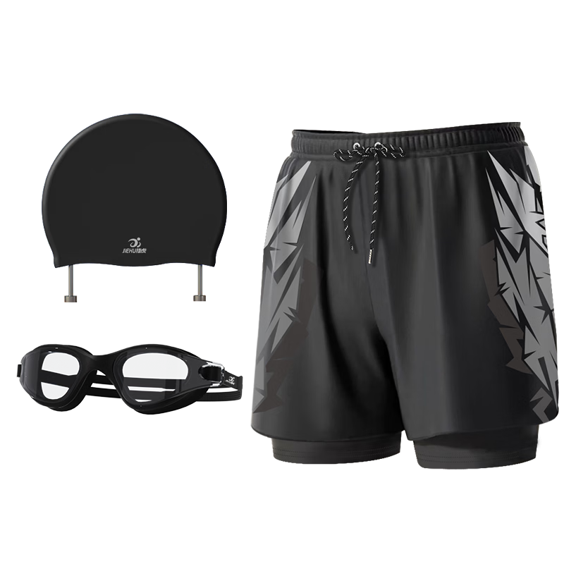 Jiehu Men's Swimwear Three-Piece Set - Swim Trunks, Goggles, Swim Cap, Quick-Dry, Loose Fit, Spa and Vacation Suit