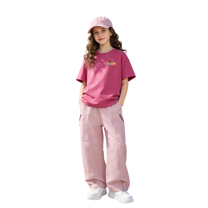 FivePlus Girls Fashion Set 2026 Summer New Kids Short Sleeve and Cargo Pants Berry Red + Pink Size 140