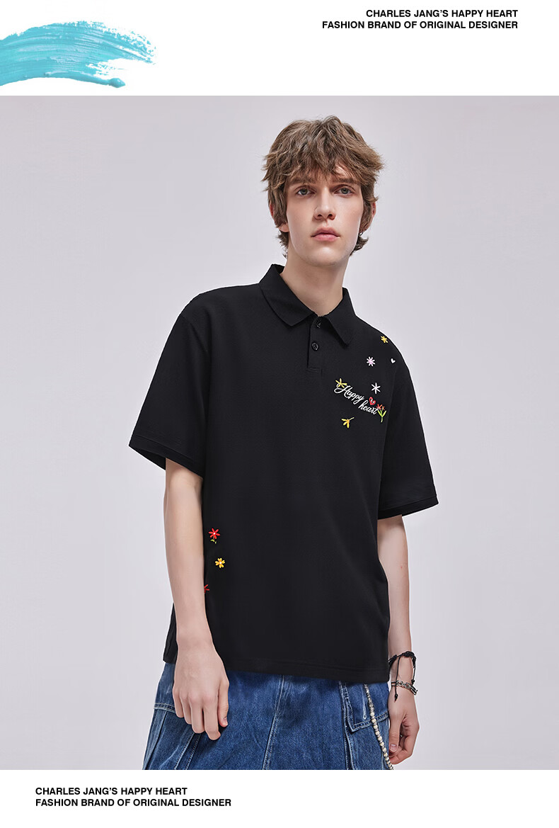 Charles Heart Trendy Floral Love Embroidery Couple Pure Cotton Short Sleeve Polo Shirt Casual Unisex Black XS 4