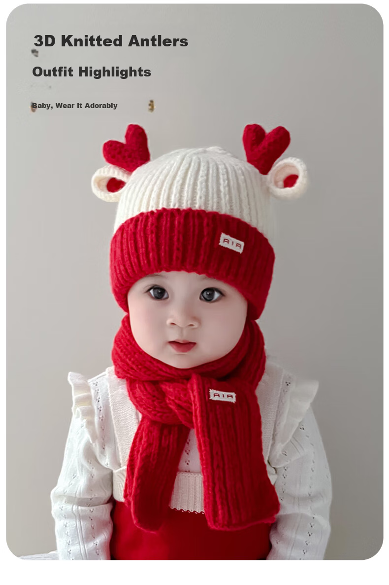 Benaxi Baby Hat Autumn Winter Children's Red Boys Girls Scarf Infant Cute Ear Protection Thickened Warm Knitted Hat 6