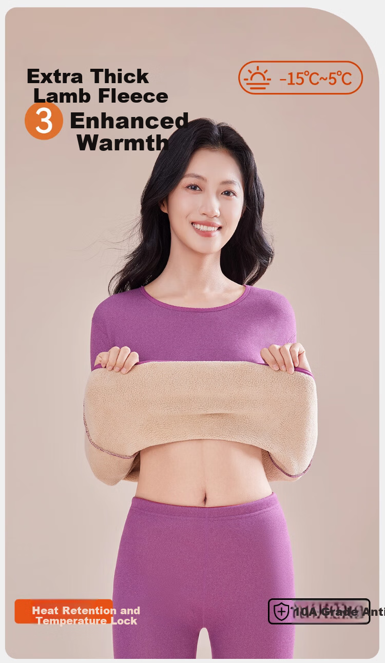 LangSha Women's Thermal Underwear Set Fleece Lined Thickened 10A Antibacterial Mite-Resistant Heating Autumn Top and Bottom Lamb Wool 2