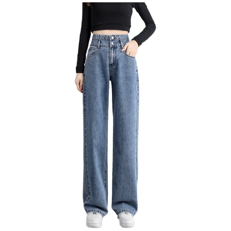 Romon High Waist Slimming Women's Jeans Summer Fashion Double Button Simple Loose Wide Leg Pants Light Blue 2XL