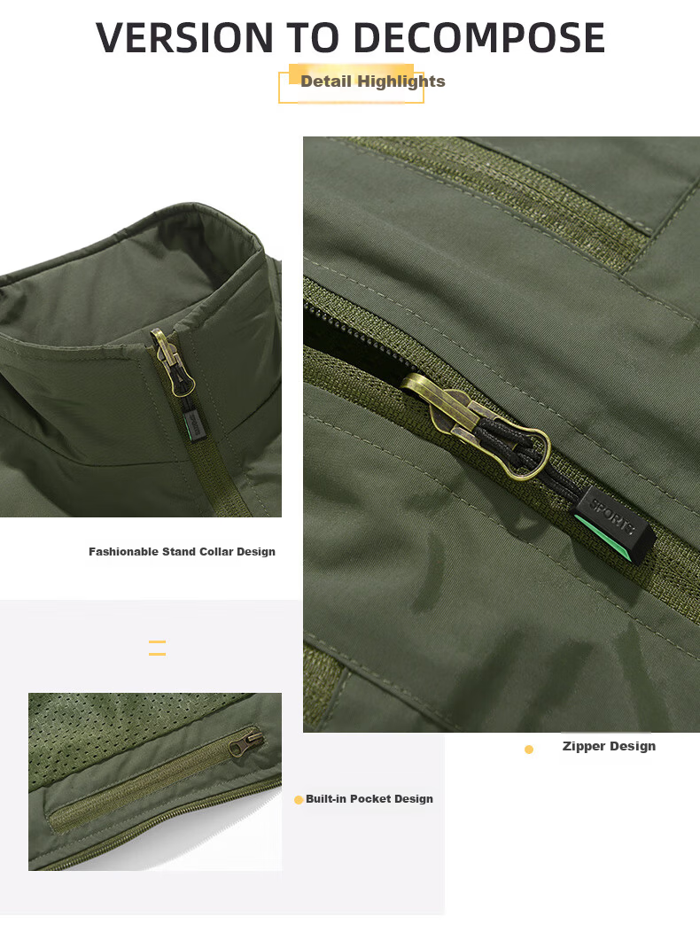 JEEP SPIRIT Men's Autumn Winter Fleece-Lined Large Size Casual Stand Collar Sleeveless Outdoor Fishing Vest Khaki XL 4