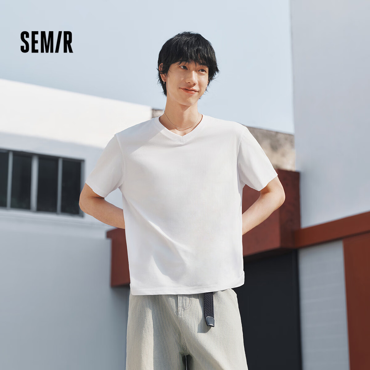 Semir 【3A Antibacterial】Men's Short Sleeve T-Shirt 26 Summer Basic Solid Color V-Neck Casual Tee 109326100101