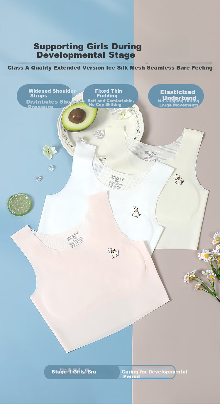 Hodohome Girls' Developmental Stage 1 Ice Silk Seamless Youth Bra Lightweight Anti-Outline Vest 066 Yellow A85 1