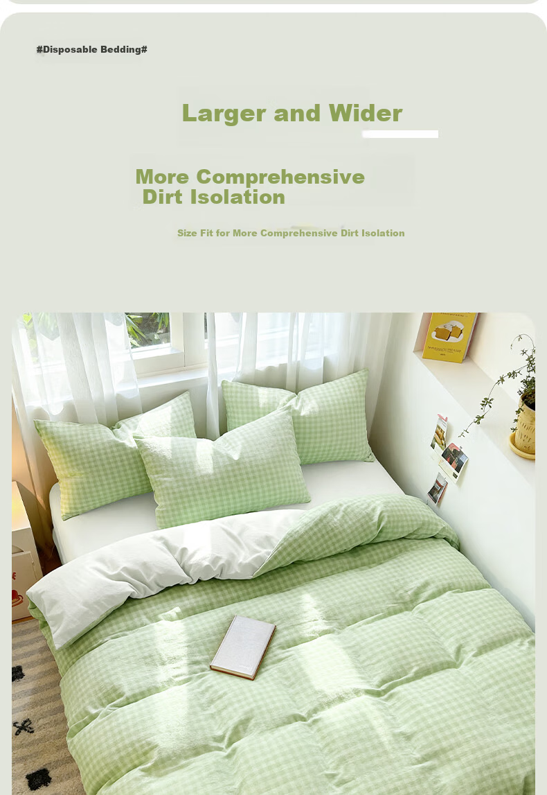 Qihaiqiu Disposable 3-Piece Single Thickened Pillowcase Duvet Cover Bed Sheet Travel Hotel Hygiene Portable Light Green Plaid 7