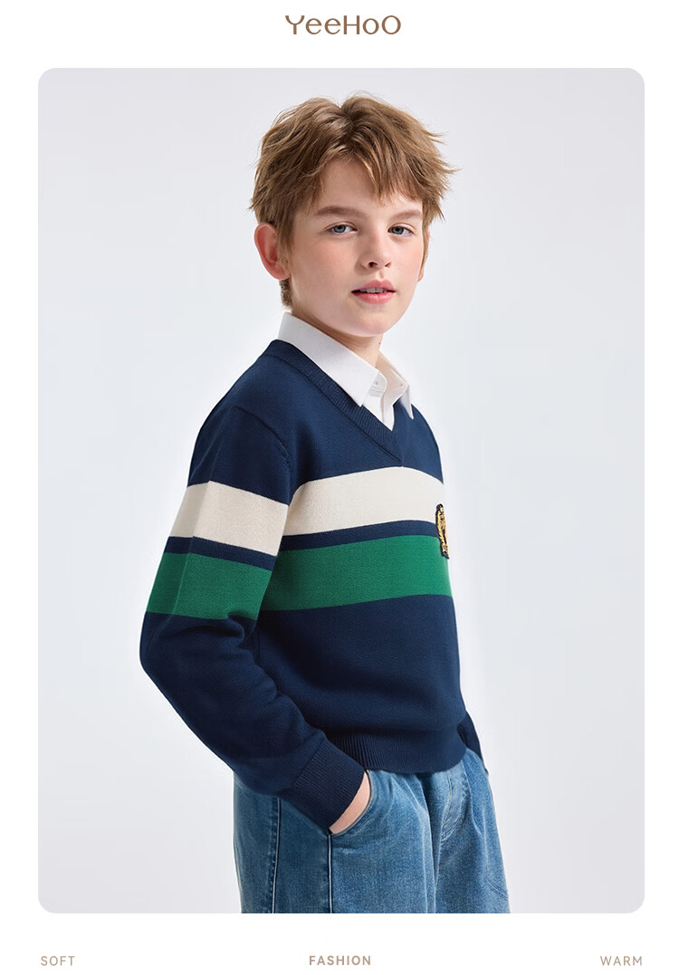 YEEHOO Boys Wool Blend Knit Sweater Children's Pullover School Style Spring Top Blue Green 140cm 11