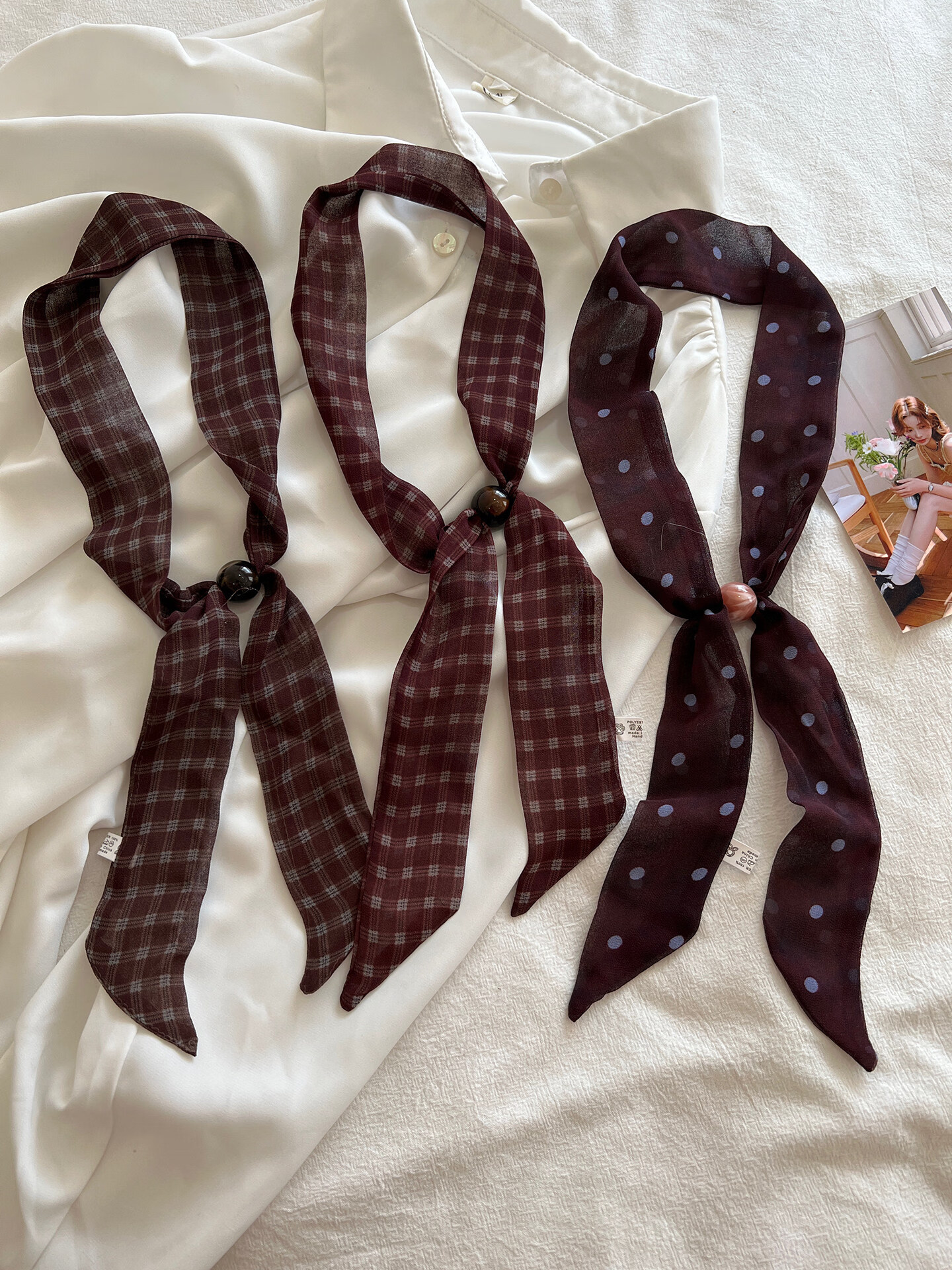 Spapani Premium Korean Style Beaded Silk Scarf Necklace for Women Spring Summer Versatile Thin Narrow Long Neck Scarf Hair Tie Accessory 2