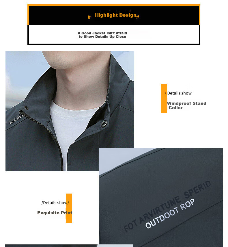 Jeanswest Men's Outdoor Sports Jacket Spring Autumn Coat Winter Trendy Simple Fashion Stand Collar Waterproof Casual Loose Top Dark Gray 2XL 1
