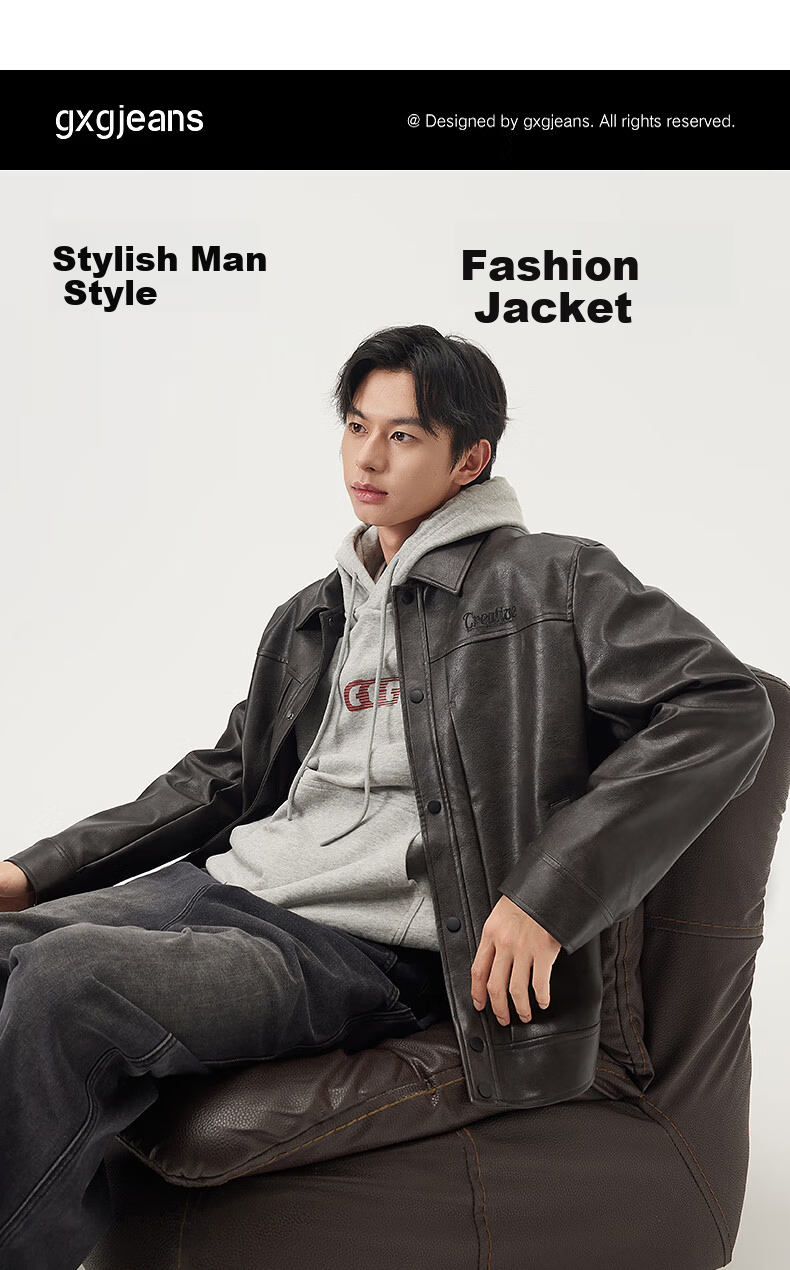 Gxgjeans Men's Vintage PU Leather American Simple Jacket Coat 25 Autumn New Black 180/XL 1