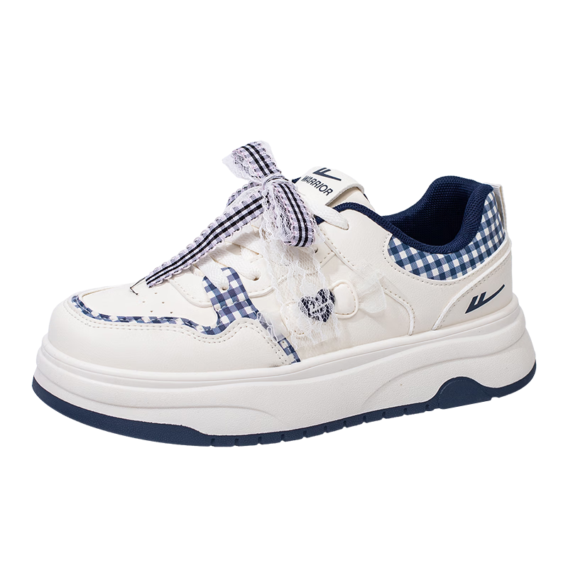 Warrior Women's White Shoes Spring and Autumn New Casual Versatile Creative Bowknot Sports Thick Sole Sneakers Beige Deep Blue 37