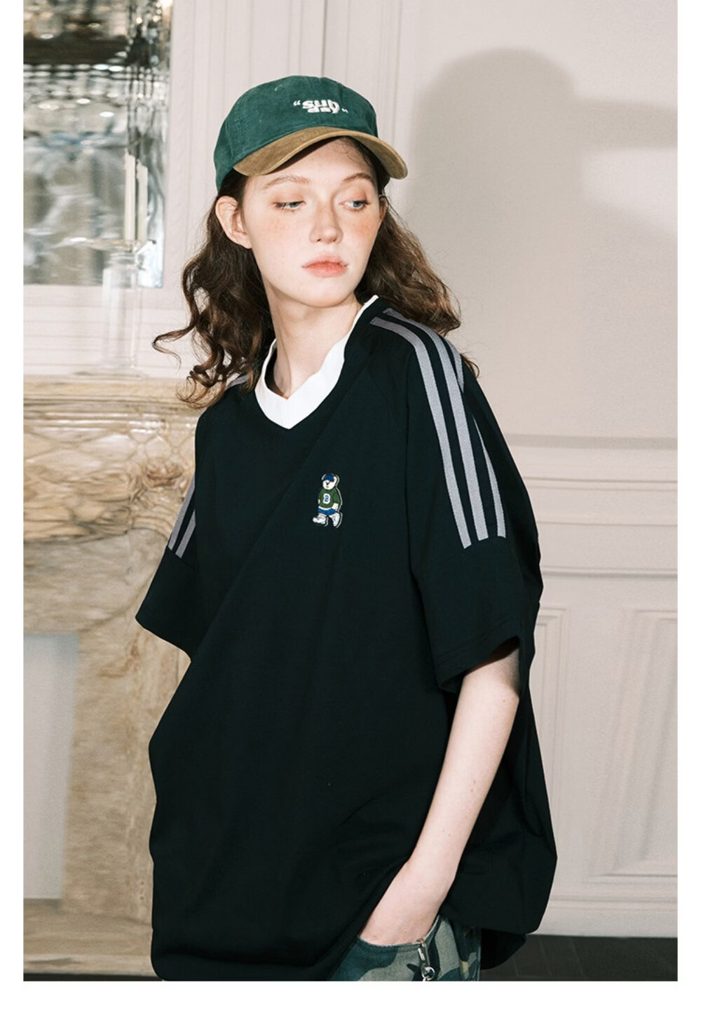 ICH MODE Raglan Stripe V-Neck Short Sleeve T-Shirt Women Summer Bear Series Sorona Cooling Top Black M 8