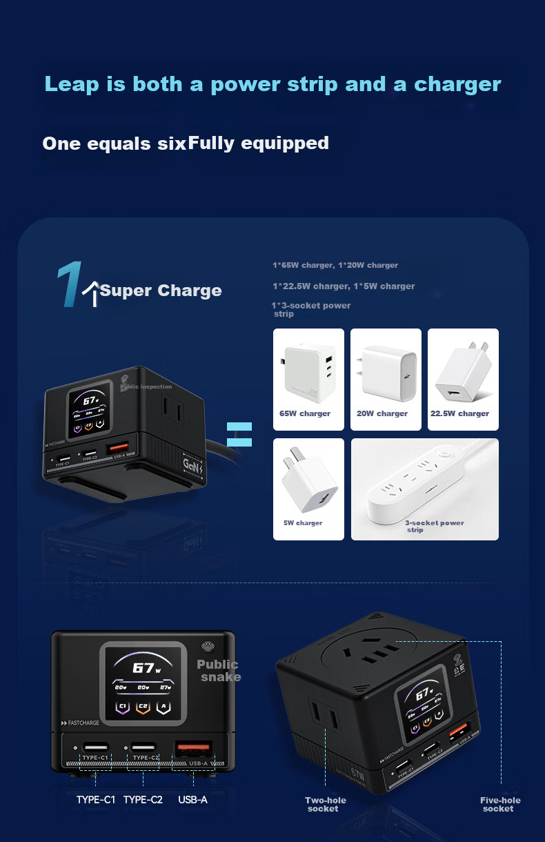 Gongshe Smart Digital Display GaN 67W Fast Charging Mini Socket / Type-C Desktop Charging Station / Gaming Power Strip / USB Power Strip Compatible with iPhone 17 2C1A+6 Outlets 2500W 3