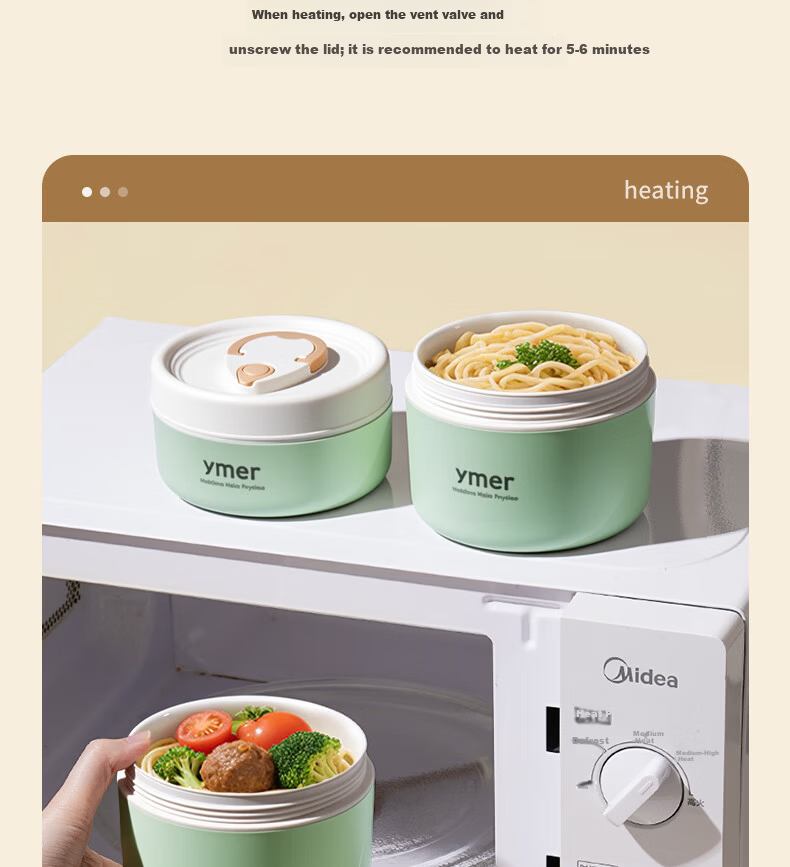 Ymer Insulated Lunch Box Microwaveable Ceramic Set Green 2-Pack (One Large, One Small) 16