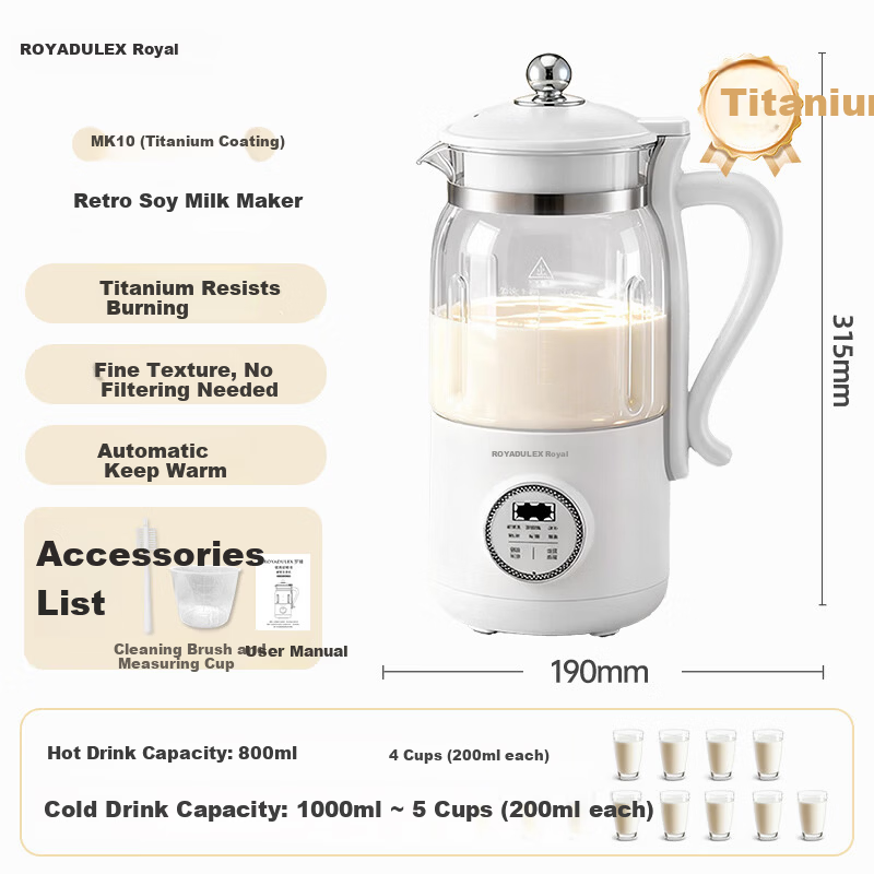 ROYALTY LINE 22-Blade Soy Milk Maker and Blender Titanium Coating 1L Fully Automatic Noise-Reducing Multifunctional Food Processor for 2-4 People White