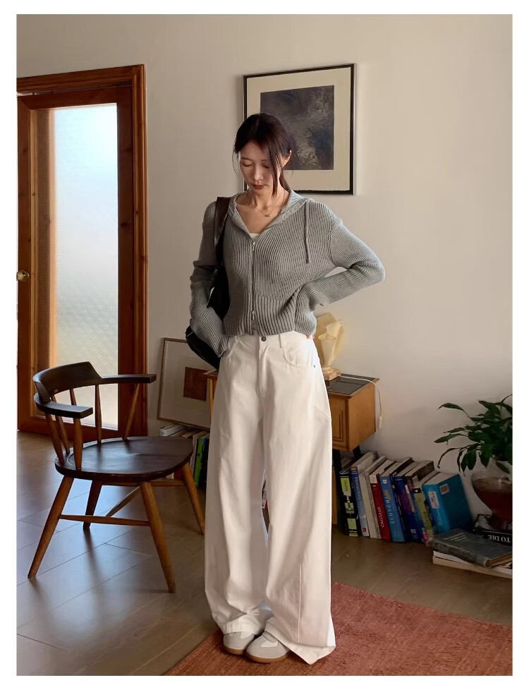 ICH MODE "Versatile Pants King" Spring Summer All-Season Slimming Curved Cut Loose Casual Straight Wide-Leg Pants Off-White S 12