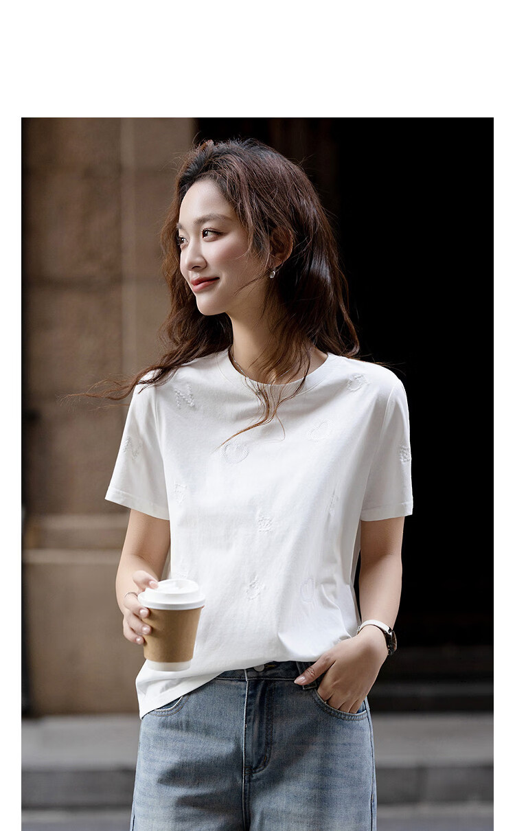 Demana [Sorona Breathable] Spring Elegant Round Neck Sequin Embroidered Short Sleeve Thick Petite Women's T-Shirt 11