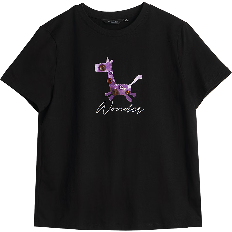 Olrain Women's Casual Commuter Cotton Pony Print Short Sleeve T-Shirt Summer New Round Neck Top Black XL