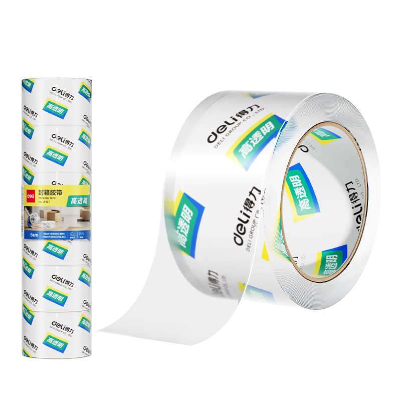 Deli High Transparency Packing Tape 60mm*100y*50μm (91.4m/Roll) Wide Tape for Shipping, Packaging, Home and Office Use, 6 Rolls JD427