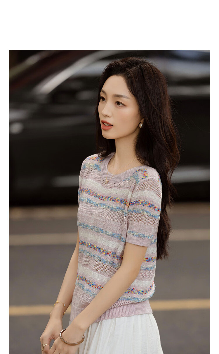 Demana【Mulberry Silk and Wool Blend】Spring Vintage Colorblock Striped Slim Fit Petite Women's Knit Sweater 11
