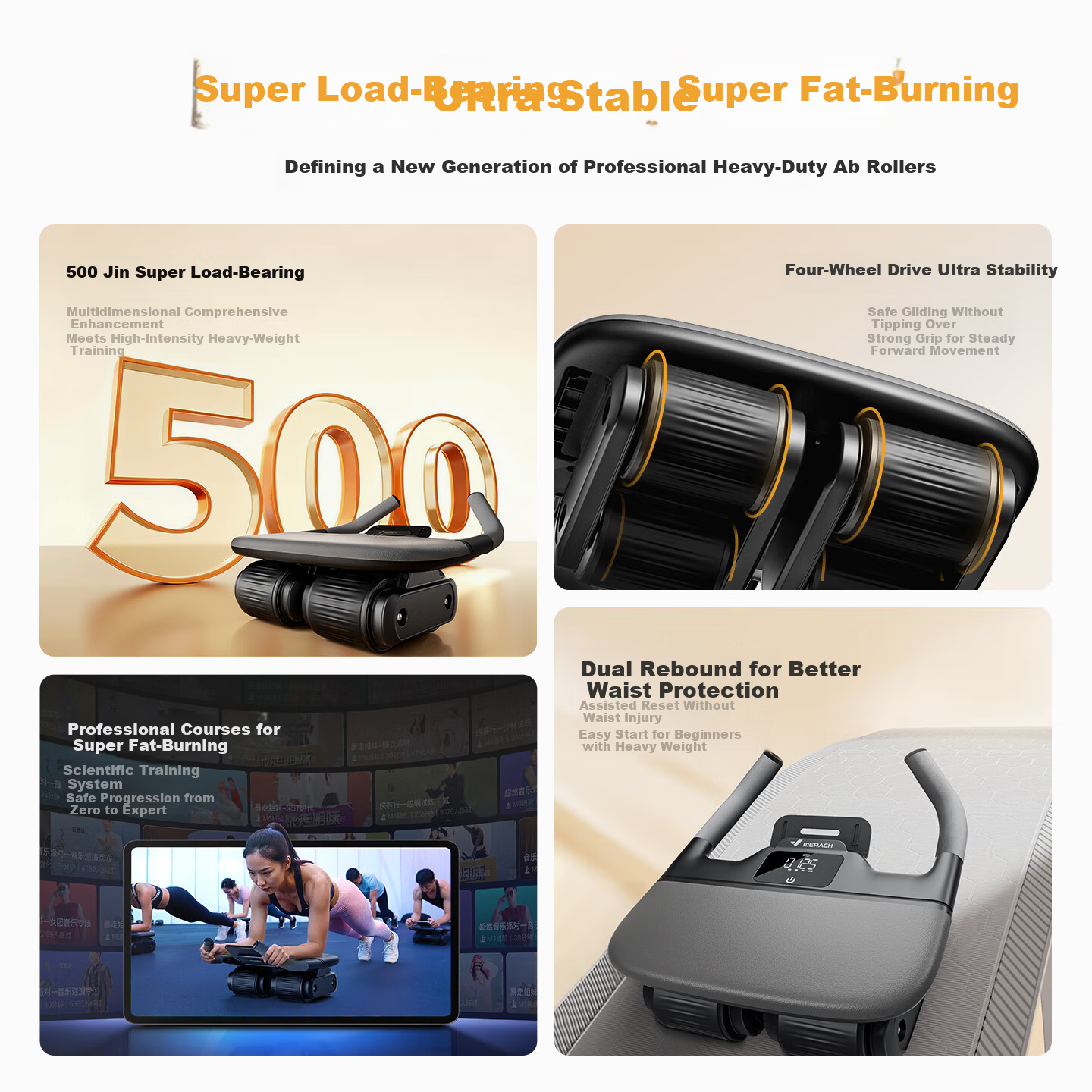 MERACH Four-Wheel Ab Roller with Automatic Rebound, Elbow Support, Smart Timer, Abdominal Muscle Roller, Sit-Up Wheel, Ab Trainer Fitness Equipment