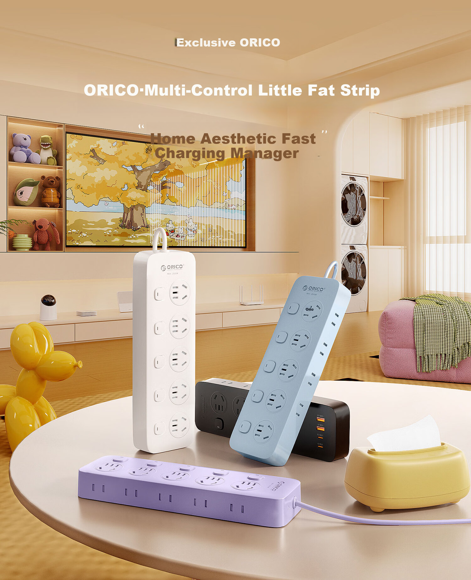 ORICO New National Standard Split Control Power Strip 10 Outlets with Switch, 2m Blue Cable, for Computer Desk Lamp Bedroom Bedside Use 1