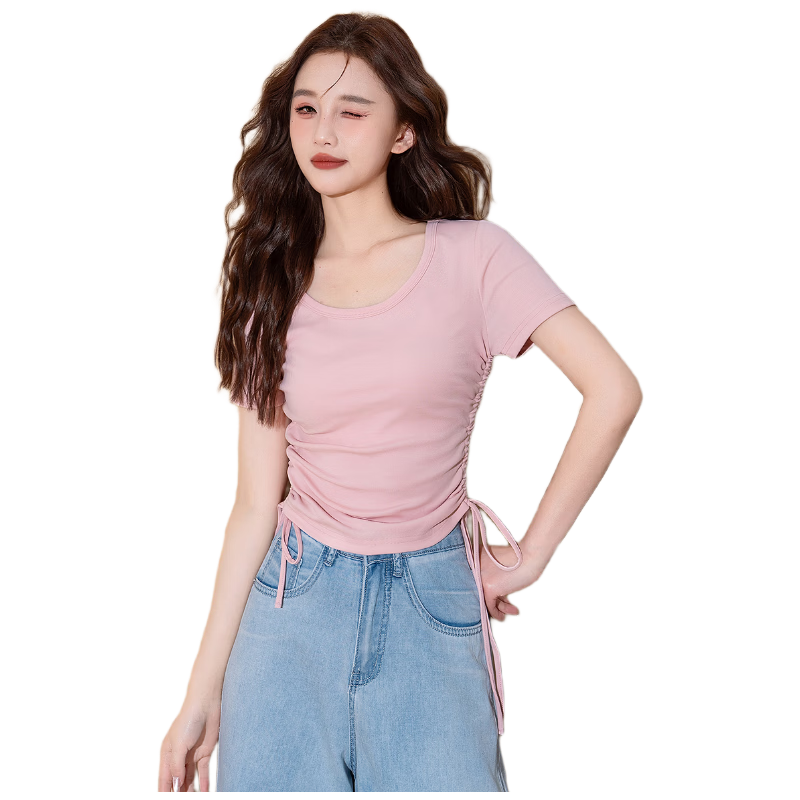 TonLion 2026 Spring Women's Knitted U-Neck Drawstring Short Sleeve T-Shirt Light Pink S