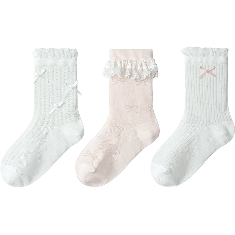 Balabala Kids Summer Mesh Socks Breathable Thin Girls Short Socks Sweet Bow Cotton Stretch 3 Pairs Set