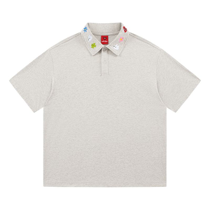 Charles Peach Heart Fresh Collar Cute Embroidered Couple Pure Cotton Short Sleeve Polo Shirt Unisex Casual Light Heather Gray XL