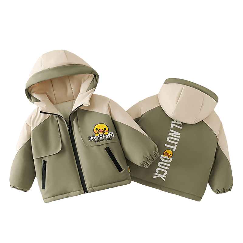 WALNUT DUCK Red Cotton Padded Jacket Little Yellow Duck Winter Hooded Fleece Lined Coat for Boys and Girls Dark Red 130