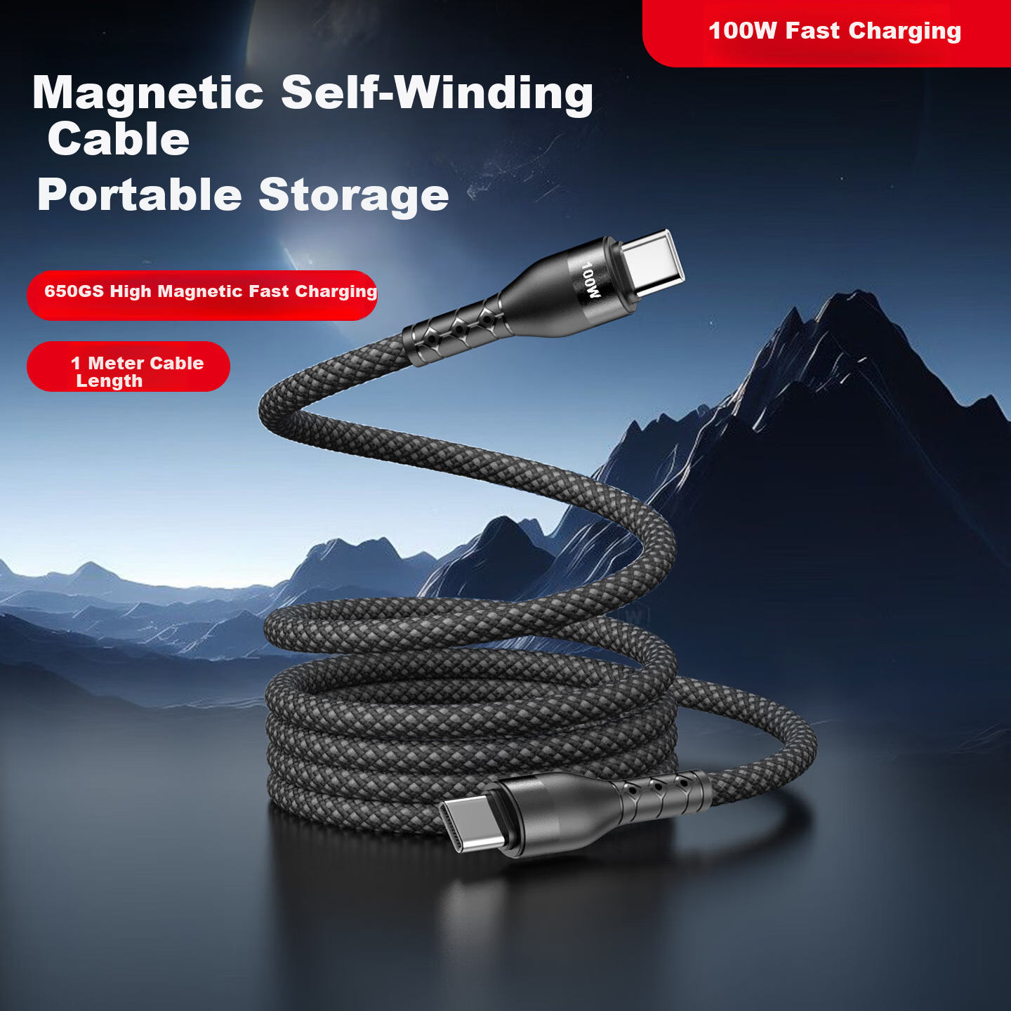 Jinling Shengbao Magnetic Type-C to Apple Dual-Head 100W Fast Charging Data Cable for iPhone 15 Pro Max, iPad, Huawei, 1m Starry Black