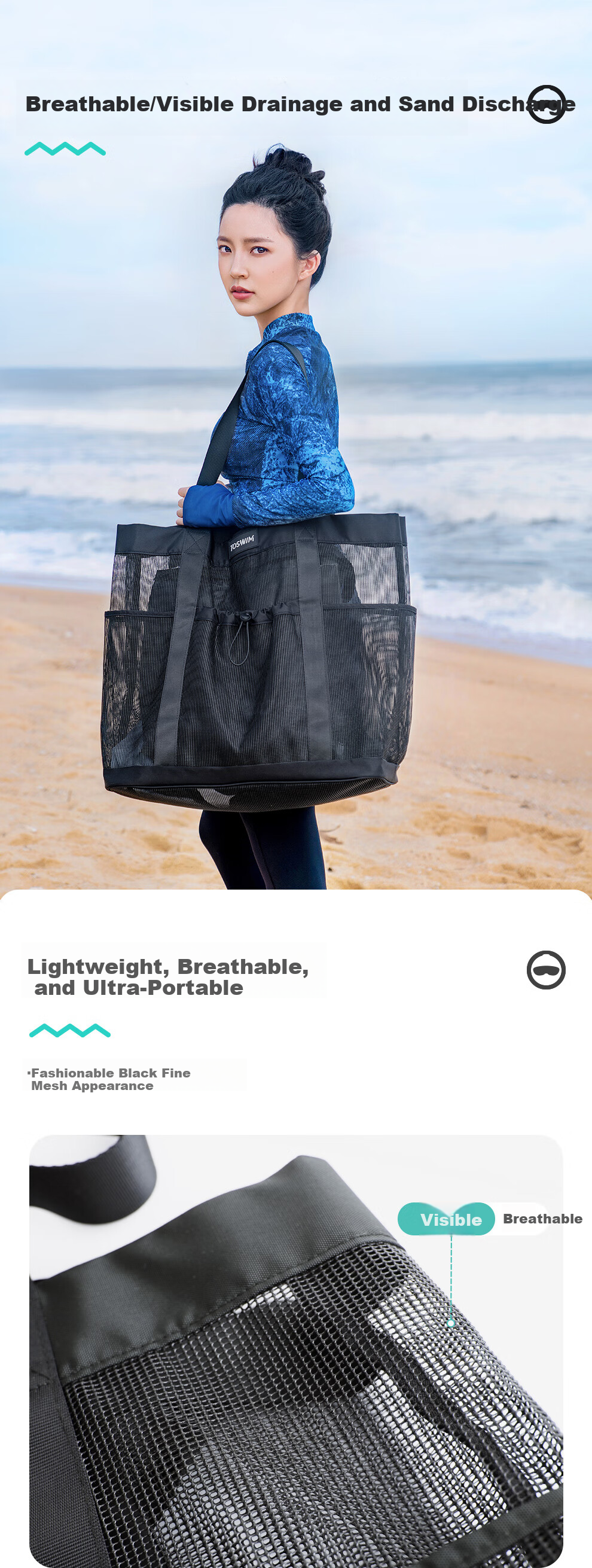 TOSWIM Large Capacity Swimming Dry and Wet Separation Sports Fitness Shoulder Beach Bag Ink Rhythm Mesh 3