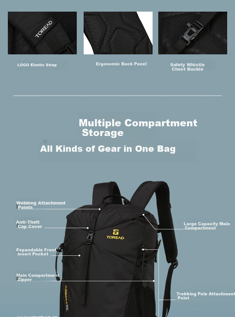 TOREAD Hiking Backpack Outdoor Commuting Travel Bag Lightweight Eco-friendly 20L Large Capacity Pressure-Reducing School Bag Electric Purple 2
