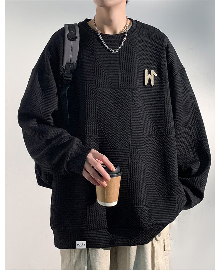 MARK FAIRWHALE Men's Sweatshirt Spring and Autumn Trendy Brand Crewneck Jacket Plus Size Loose Fit Black XL 1