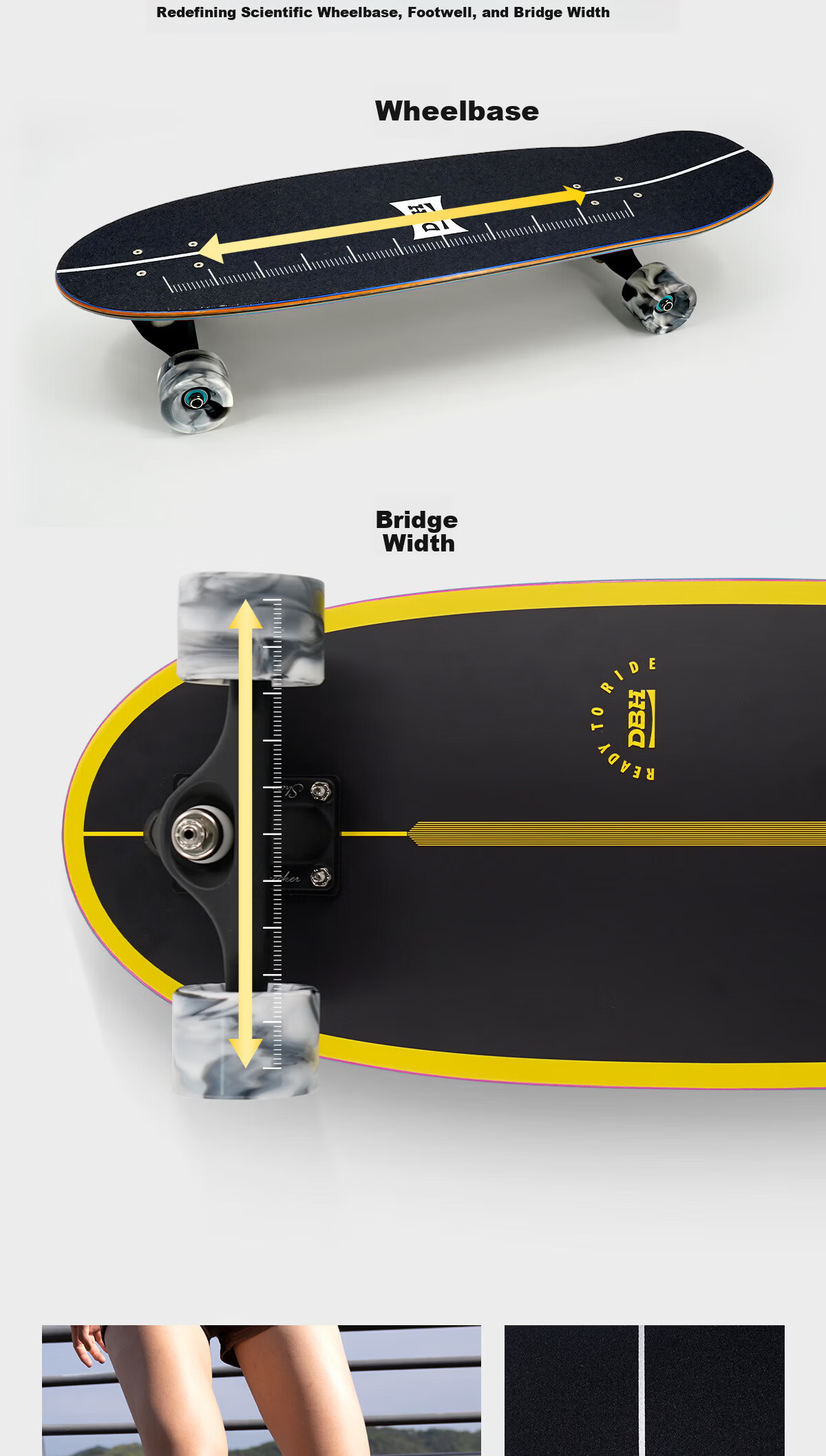DBH Land Surfboard Children's Skateboard for Adults 6-12-18+ Beginner Professional Land Surfing Board Lemon Yellow 28 Inch 24