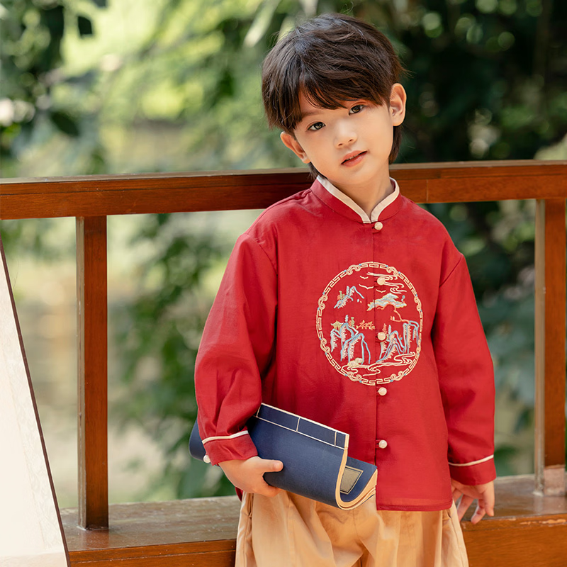 Menghu Qianshan Hanfu Boys Spring Autumn Long Sleeve Tang Suit Chinese Style Pants Set Traditional Red Top Size 90