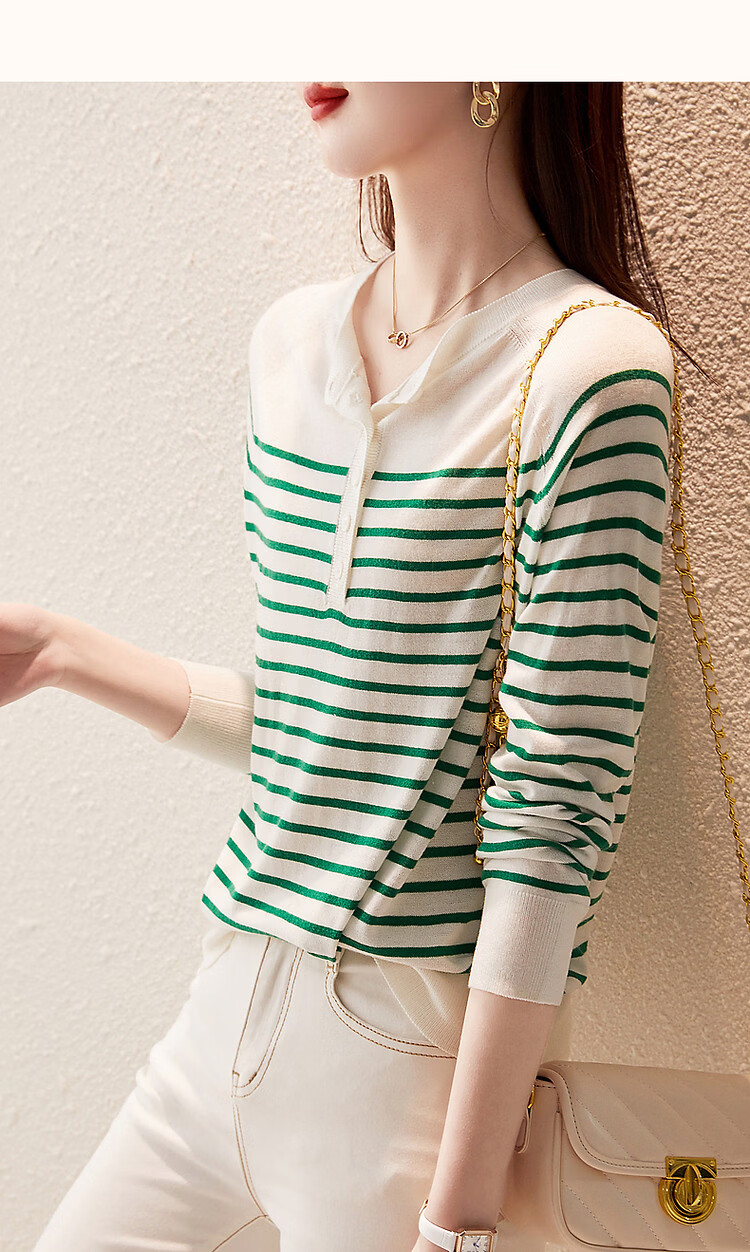 Demana Japanese Style Artistic Commuter Spring Autumn Colorblock Striped Round Neck Slimming Knit Sweater 25