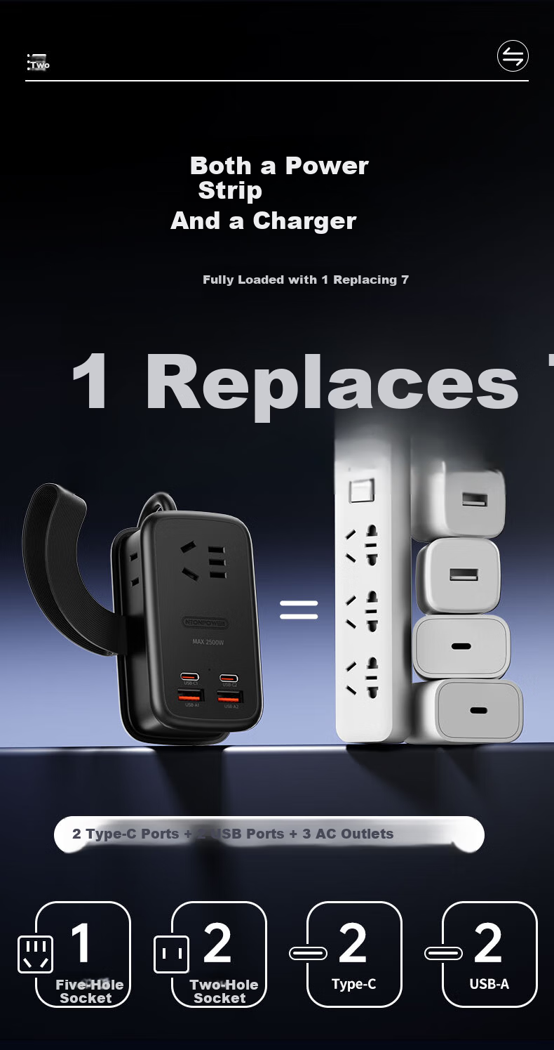 Niudundinglv 65W Gallium Nitride Pocket Power Strip + 60W Dual USB-C Fast Charging Cable Set, Supports Direct Laptop Charging, USB Power Strip/travel Socket/power Strip 12