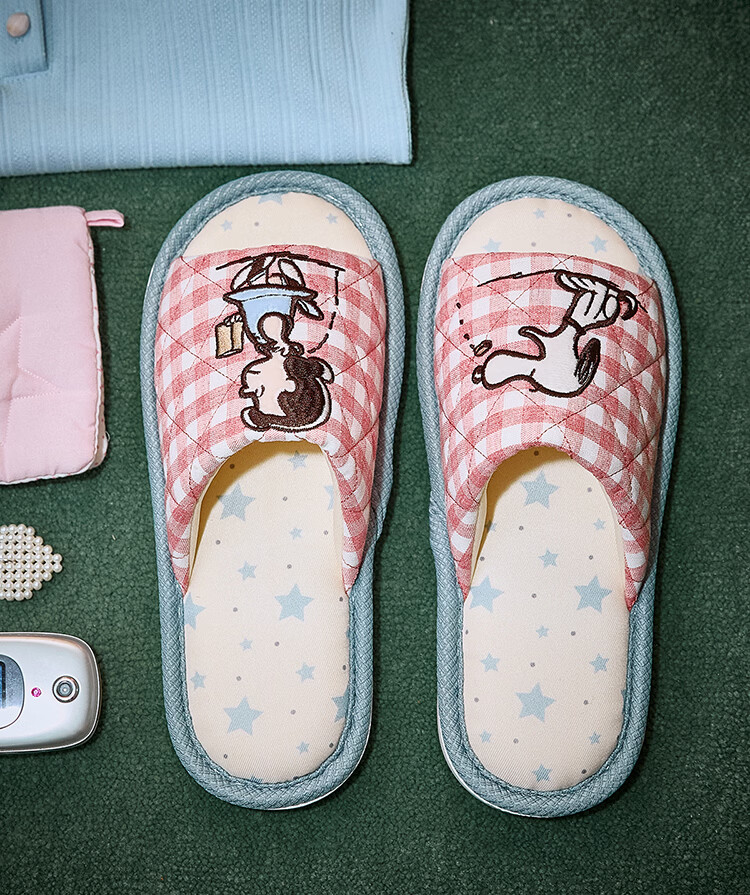 Gukoo Snoopy Plaid Floor Slippers Women's Four-Season Flat Home Slippers Light Burgundy Size 40-41 7